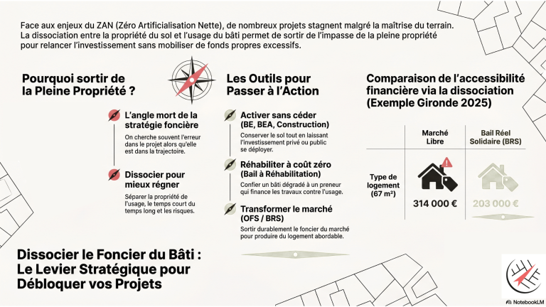 Schéma dissociation foncier bâti, bail emphytéotique OFS BRS stratégie foncière ZAN