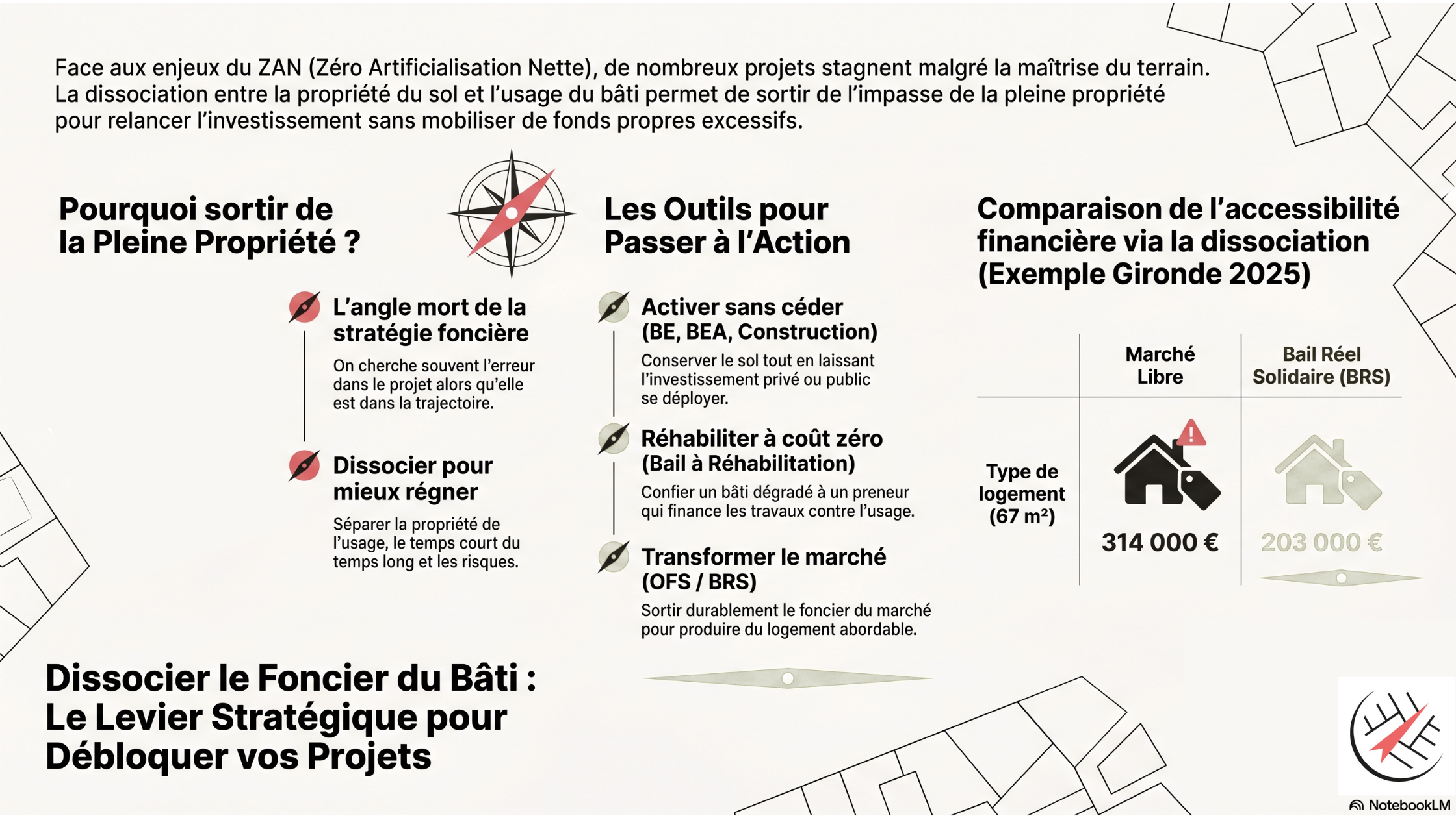 Schéma dissociation foncier bâti, bail emphytéotique OFS BRS stratégie foncière ZAN