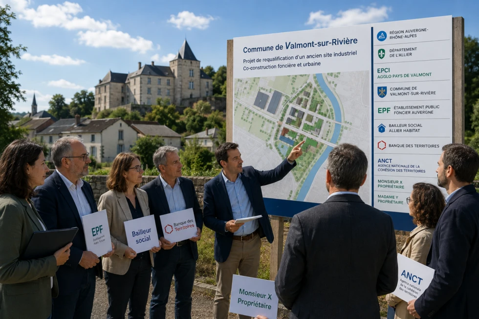 Élus, techniciens, EPF, bailleur social, Banque des Territoires, ANCT et propriétaires réunis devant le panneau d’un projet de requalification d’un ancien site industriel