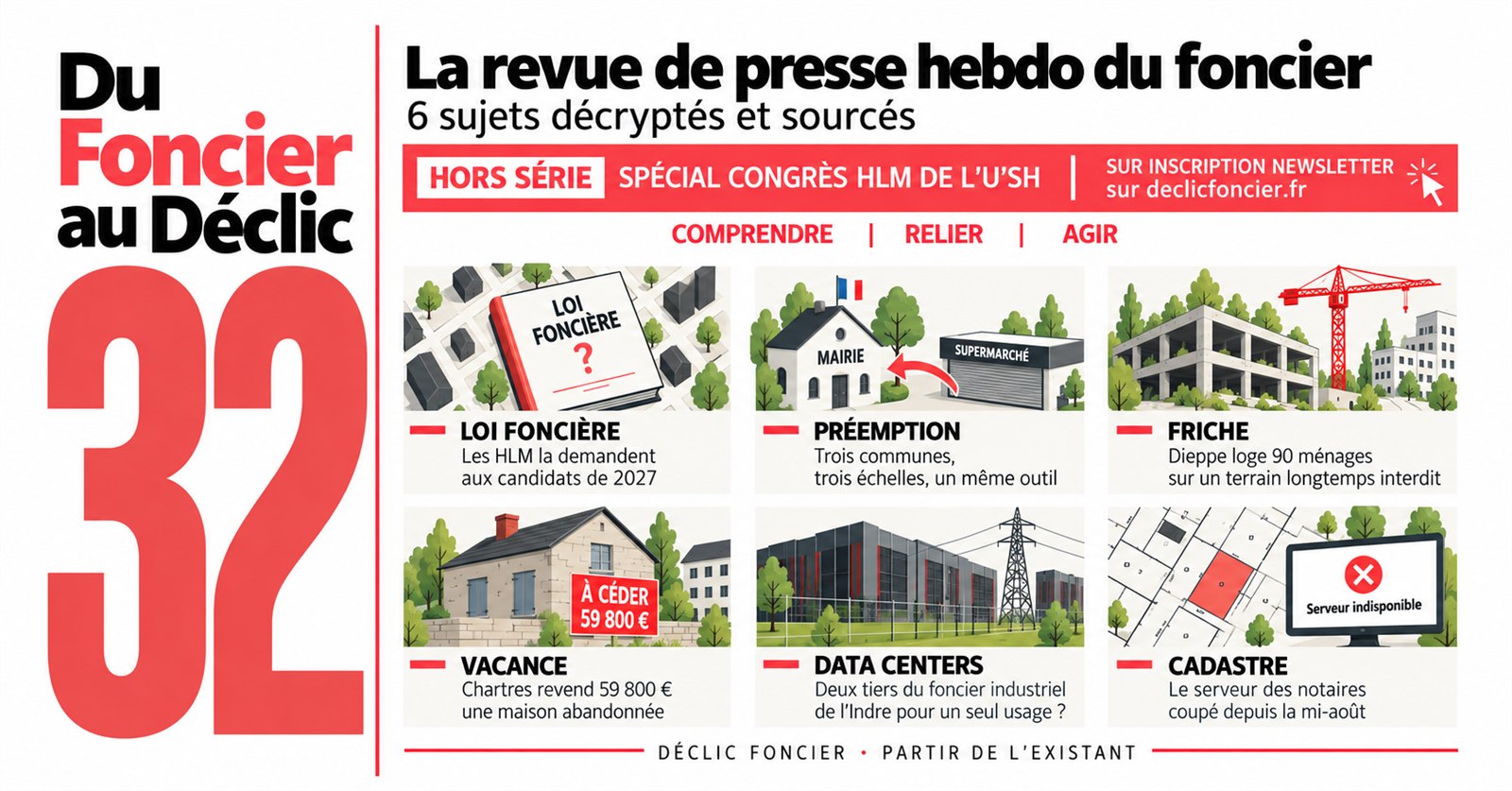 Couverture de Du foncier au déclic #32, revue de presse hebdomadaire du foncier : loi foncière, préemption, friche, vacance, data centers, cadastre