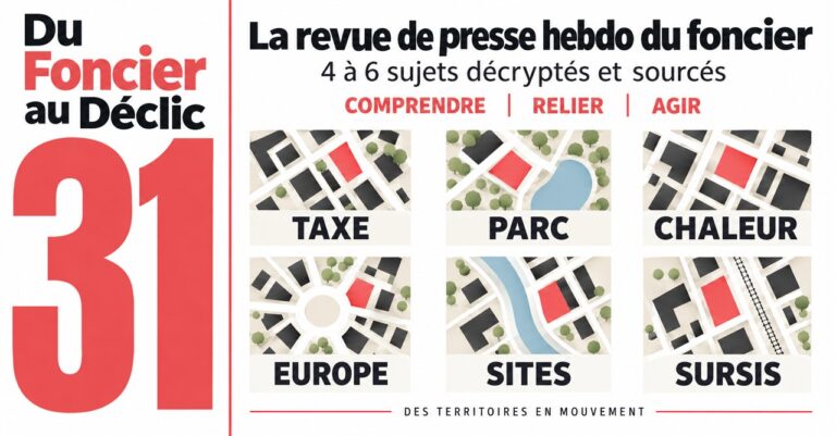 Couverture de Du foncier au déclic #31, revue de presse foncière du 18/09/2026 : taxe, parc, chaleur, Europe, sites, sursis
