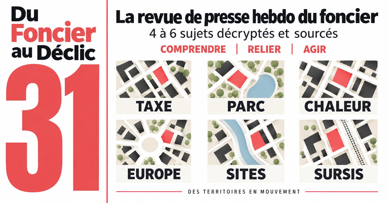 Couverture de Du foncier au déclic #31, revue de presse foncière du 18/09/2026 : taxe, parc, chaleur, Europe, sites, sursis
