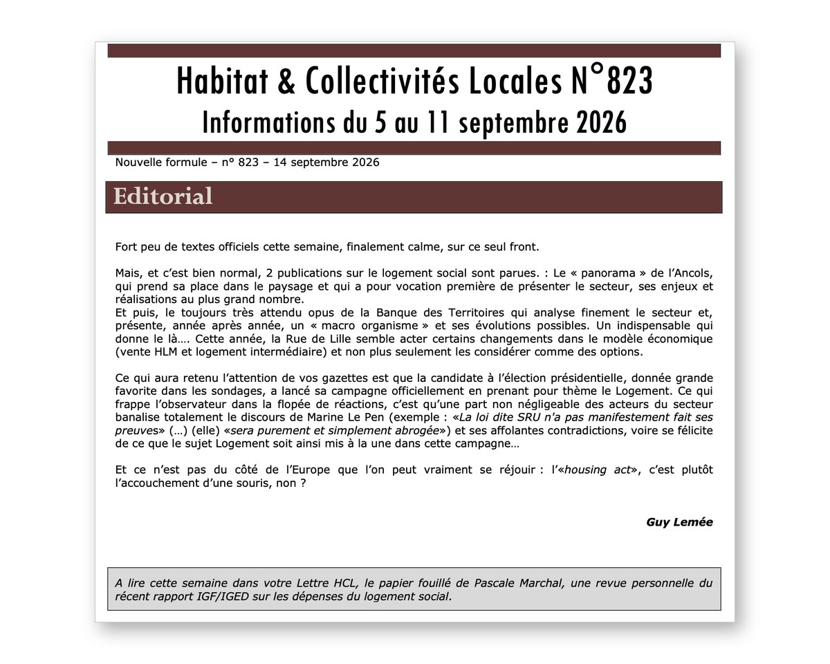 Couverture de la lettre Habitat & Collectivités Locales n° 823 du 14 septembre 2026