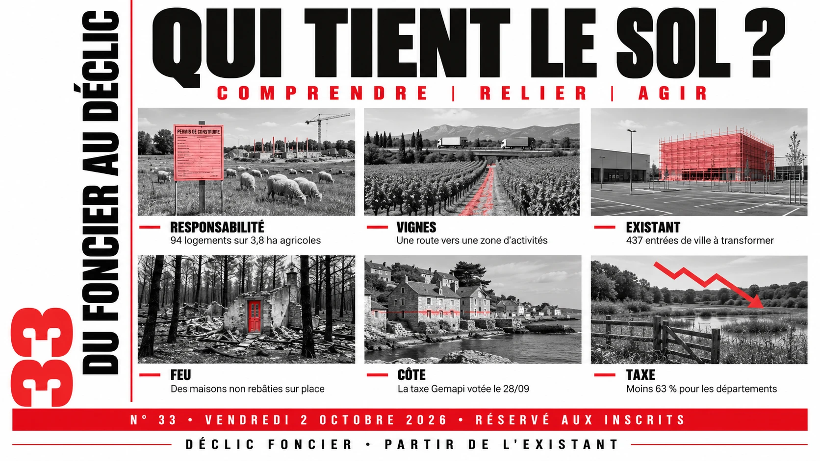 Couverture du numéro 33 de Du foncier au déclic, qui tient le sol ? Six vignettes, responsabilité, vignes, existant, feu, côte, taxe.