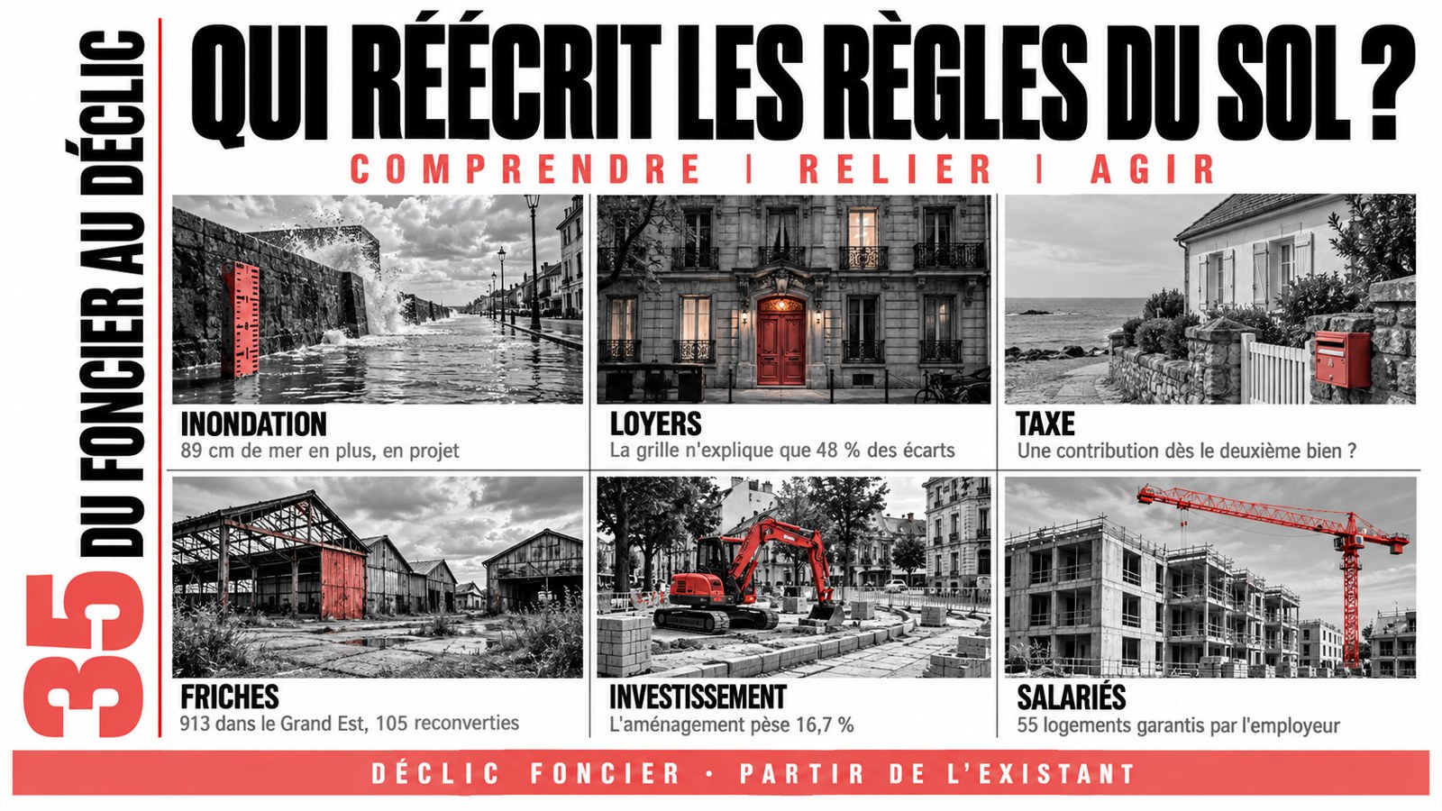 Couverture de Du foncier au déclic n° 35, qui réécrit les règles du sol ? Six vignettes : inondation, loyers, taxe, friches, investissement, salariés