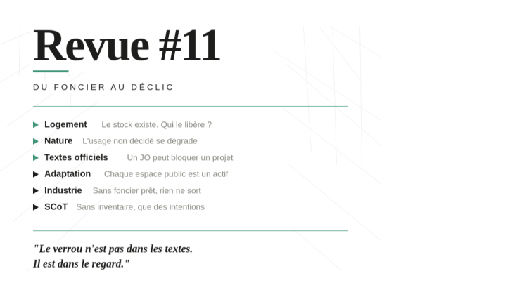 Couverture du numéro 11 de la revue de presse foncière Du foncier au déclic, Pascale Marchal