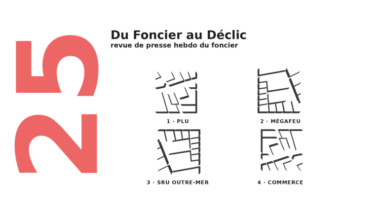Couverture du numéro 25 de la revue de presse Du foncier au déclic : le chiffre 25 en rose et quatre pictogrammes de parcelles, PLU, mégafeu, SRU outre-mer, commerce.